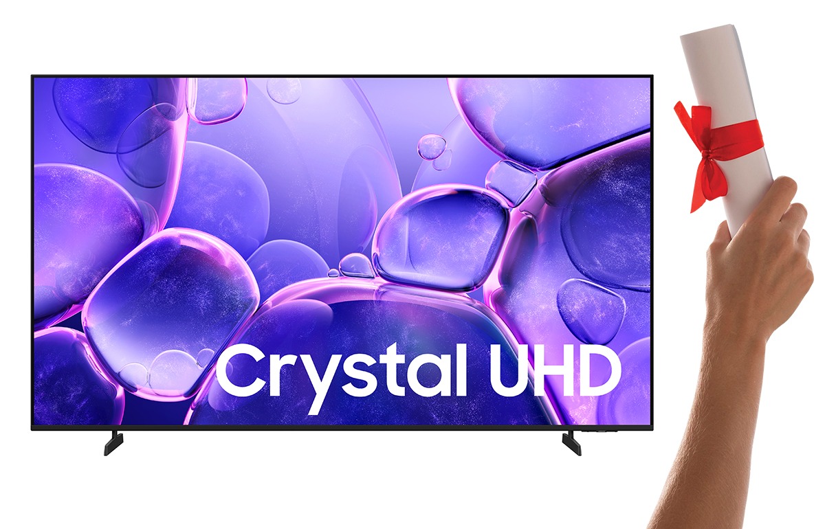 Televisor Crystal UHD de 65 pulgadas y diploma